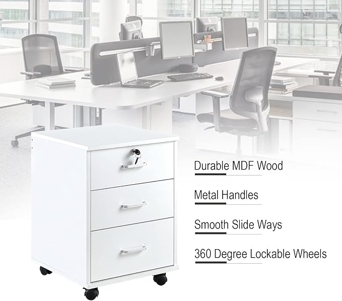 Mobile File Cabinet with Lockable Drawer, 3-Drawers Under Desk Storage Cabinet with 360°Swivel Wheels, Wooden Stationery Storage Cabinet for Legal/Letter/ A4 Documents (White)