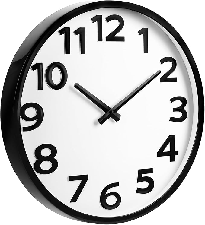 16 Inch Wall Clock Battery Operated Modern Simple Large Wall Clocks for Living Room Kitchen Office, Black/White, Big 3D Numbers