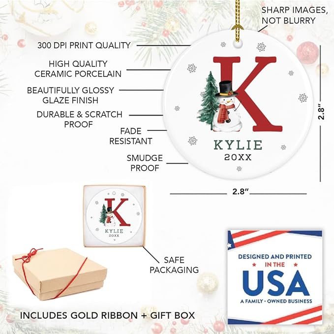 Andaz Press Personalized Ornament, Custom Name, Initial K Monogram Snowman 2.8" Ceramic Porcelain 2025 Christmas Ornament Keepsake for Kids, Boys, Girls, Includes Gold Ribbon & Gift Box, 1-Pack