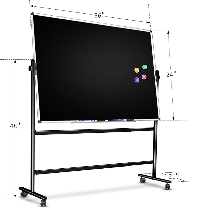 Mobile Dry Erase Blackboard 36 x 24, Magnetic Portable Black Dry Erase Board with Stand, Rolling Double Sided Chalkboard with Wheels - Easel Standing Black Board for Office, School & Home