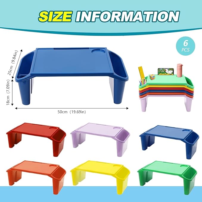 Set of 6 Kids Lap Desk Tray, Portable Activity Table, Plastic, Stackable for Drawing, Writing, Eating, Classroom, 19.69" L x 9.84" W x 7.09" H, (Red+Green+Yellow+Purple+Orange+Blue)