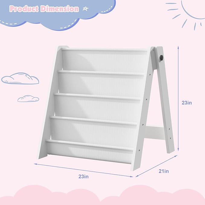 NACHES 4-Tier Foldable Kids Bookshelf, Large Capacity Montessori Sling Bookcase with 4 Deep Fabric Pockets, Magazine and Book Storage Rack for Nursery, Kids Room, Bedroom, Playroom (White)