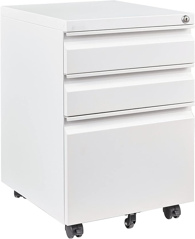 3 Drawer File Cabinet with Lock,Under Desk File Cabinet with Wheels,White Rolling File Cabinet,Three Drawer Metal Filing Cabinet for Home Office,Fit A4/Letter/Legal File,Fully Assembled Except Casters