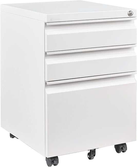 3 Drawer File Cabinet with Lock,Under Desk File Cabinet with Wheels,White Rolling File Cabinet,Three Drawer Metal Filing Cabinet for Home Office,Fit A4/Letter/Legal File,Fully Assembled Except Casters