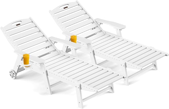 Outdoor Chaise Lounge Chair Set of 2, Patio Lounge Chairs for Outside, HDPE Lounge Chairs with Wheels & Cup Holder, Poly Lounge Chair with 5 Position for Poolside, Deck, White