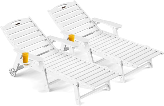 Outdoor Chaise Lounge Chair Set of 2, Patio Lounge Chairs for Outside, HDPE Lounge Chairs with Wheels & Cup Holder, Poly Lounge Chair with 5 Position for Poolside, Deck, White