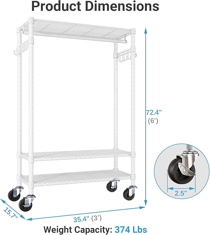 VIPEK R3 Rolling Clothing Rack Heavy Duty Garment Rack for Hanging Clothes, Portable Closet Wardrobe with Wheels and Side Hooks, Adjustable Freestanding Metal Clothes Rack with Shelves, White