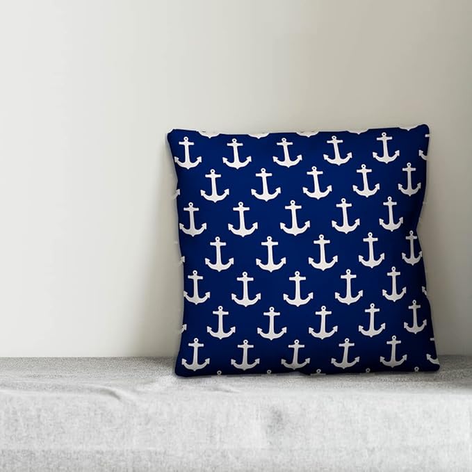 Blue and White Anchor Pattern Indoor/Outdoor Pillow | Decorative Pillows for Living Room Couch Bed Sofa Patio, Fluffy Soft Cushion | Water Resistant Blue, 18x18