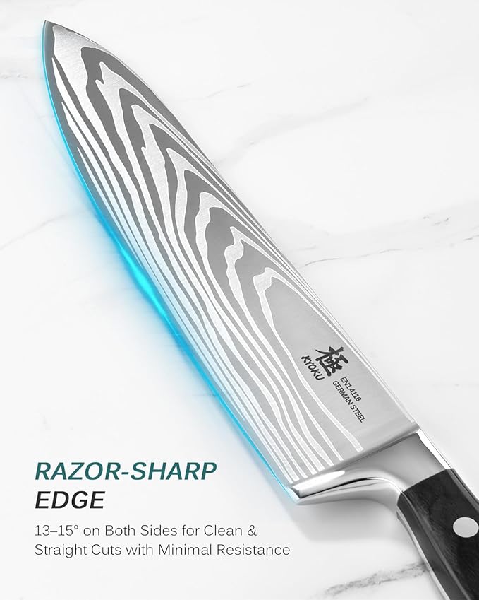 KYOKU 8" Chef Knife, Samurai Series Japanese Chef's Knife with Sharpening Stone, High Carbon Steel Kitchen Knife with Pakkawood Handle Mosaic Pin Gift Box for Meat Vegetable Fruit Chopping Slicing