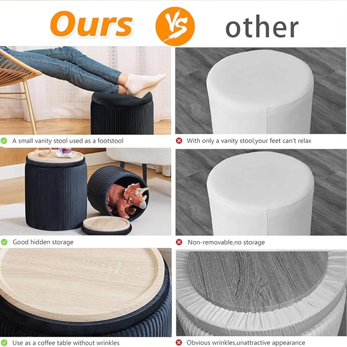 Round Ottoman with Storage Set of 2-Upholstered Sherpa Vanity Stool for Makeup Multifunctional Ottomans Coffee Table Padded Seat Foot Rest (Engineered Wood, Black-Upgrade Taray Lid)