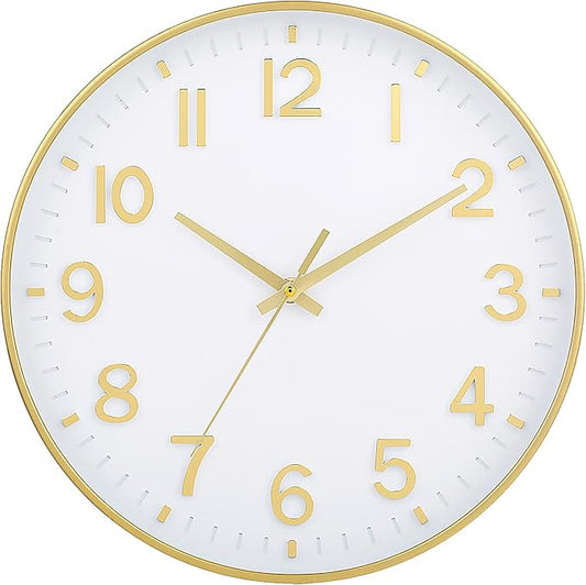 HZDHCLH White and Gold Wall Clocks Battery Operated 12 inch Silent Non Ticking Modern Wall Clock for Living Room Bedroom Kitchen Office Decor
