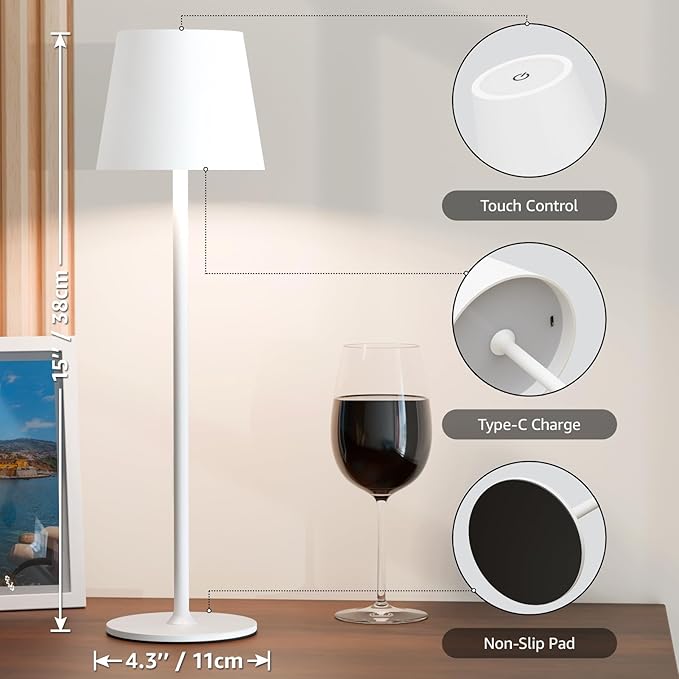 uuffoo 2 Pack Rechargeable Table Lamp Battery Operated Cordless Table Lamps with 3 Colors Stepless Dimming, Desk Night Light for Restaurant, Patio, Bedroom, Bar (White)