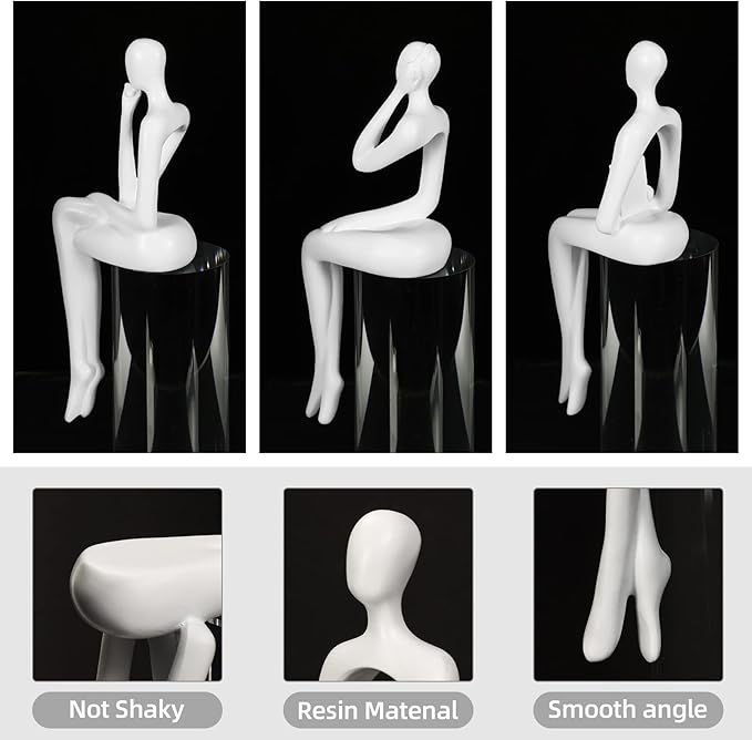 Thinker Statue Gold Decor Abstract Art Sculpture, Golden Resin Collectible Figurines for Home Living Room Office Shelf Decoration,Great Gifts Ideas (Sitting Posture-White)