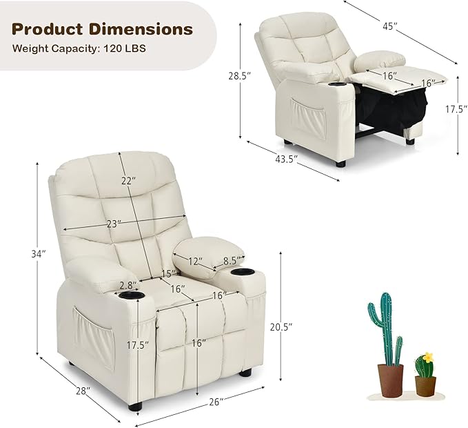 Costzon Kids Recliner Chair with Cup Holder, Adjustable Lounge Chair w/Footrest & Side Pockets for Children Boys Girls Room, Ergonomic Toddler Furniture Sofa, Kids Recliner (Beige)