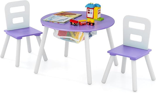 Costzon Kids Table and Chair Set, Wood Activity Table w/Center Mesh Storage, Children Furniture Gift for Boys & Girls, Ideal for Arts, Crafts, Snack Time, Homework, Toddler Table and Chair Set, Purple