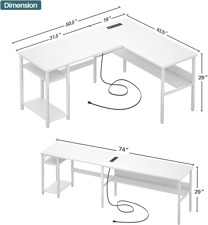 Unikito Reversible L Shaped Computer Desk with Magic Power Outlets and USB Charging Ports, Sturdy Corner Desk with Storage Shelves, Durable Work Desk for Home Office, Easy to Assemble, White