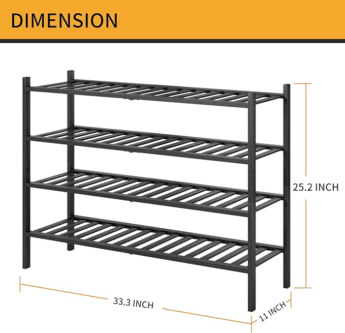Long Shoe Rack, 4-Tier Bamboo Stackable Shoe Shelf Storage Organizer, Shoe Stand for Closet, Entryway and Hallway(Black)