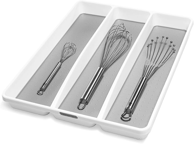 madesmart Classic Large Utensil Tray, Soft Grip, Non-Slip Kitchen Drawer Organizer, 3 Compartments, Multi-Purpose Home Organization, BPA Free, White