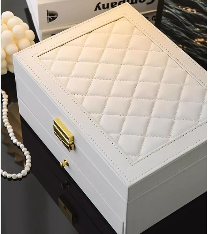 Jewelry Box for Women Girl Wife - Large PU Leather Jewelry Organizer Storage Case with Two Layers Display for Earrings Bracelets Rings Watches (White)