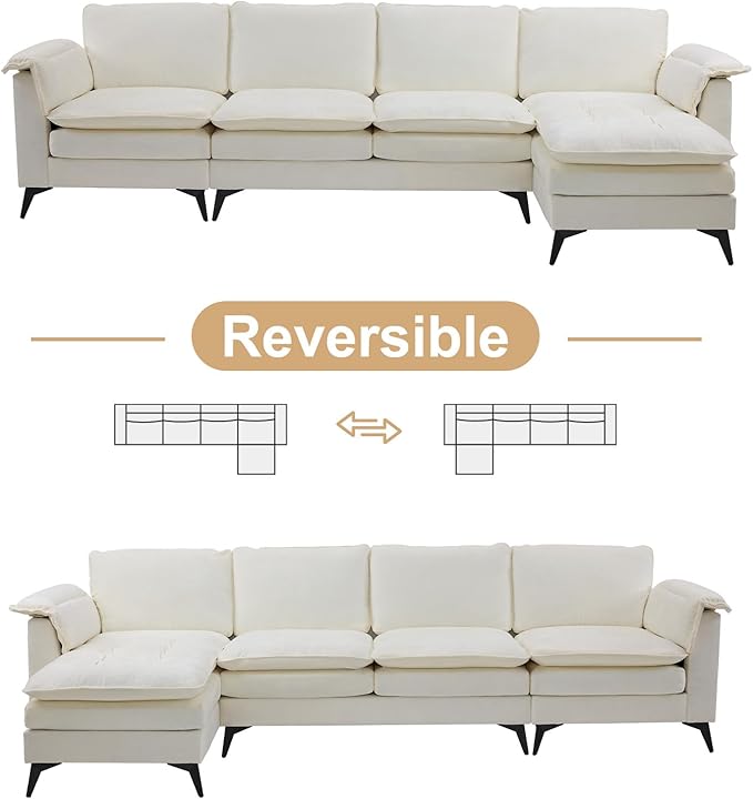 VINGLI 129” Oversized L-Shaped Cloud Sectional Sofa,Memory Foam Couch with Reversible Chaise Lounge,Comfy Couch with Double-Layer Deep Seat Cushions,Modern Sofa for Living Room,Chenille,Creamy White