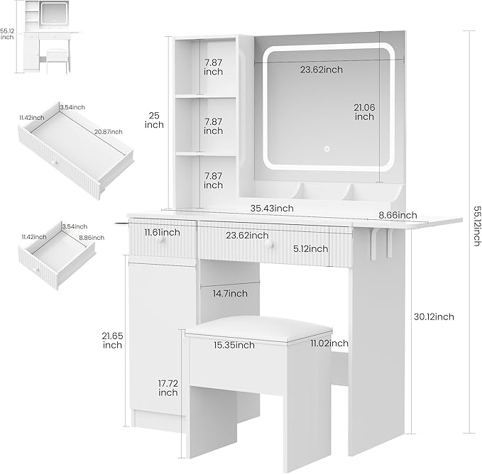 Vanity Desk with Mirror and Lights, Pink Makeup Vanity with Charging Station, Dressing Table Set with Storage Chair, Drawer Shelves, and Foldable Panel for Compact Space Bedroom (White)