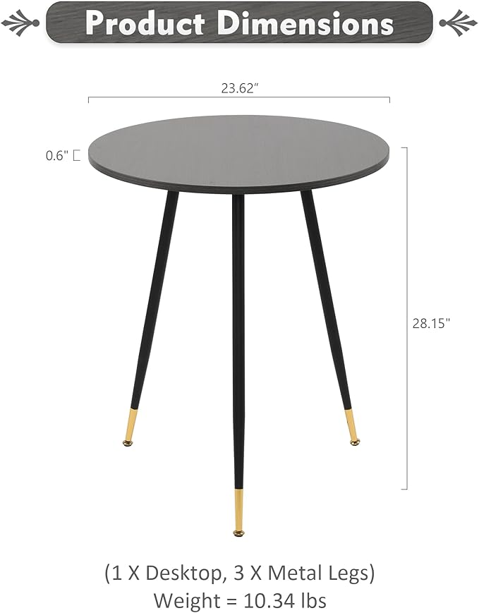NOBPEINT Round Modern Wooden Side Table, 28 Inches End Table with 3 Metal Legs (Grey)