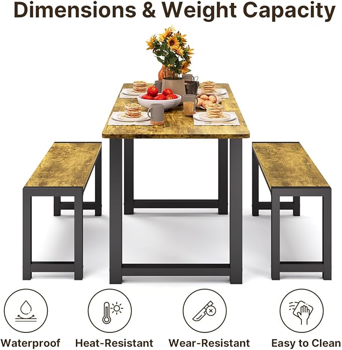 Gizoon 63” Kitchen Table Sets for 4 with 2 Benches Extendable Dining Table Set for 4 with Chairs Dining Room Table and Chairs for Kitchen Apartment Outdoor and Home Office, Rustic Brown