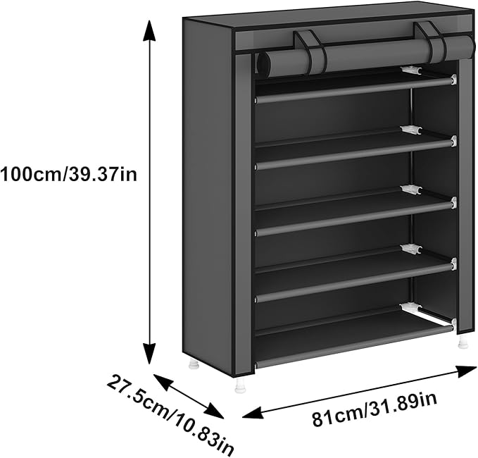 Laiensia 5-Tier Vertical Shoe Rack Organizer, Space Saving Shoe Storage Organizer, Non-Woven Cover Shoe Shelf Holds 20-25 Pairs for Bedroom, Hallway, Closet Entryway, Grey