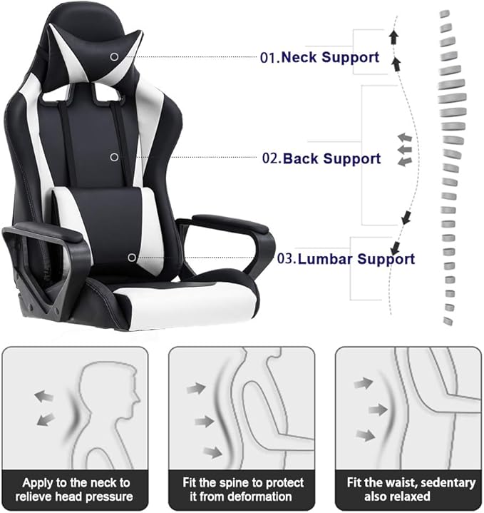 BestOffice High-Back Gaming Chair PC Office Chair Computer Racing Chair PU Desk Task Chair Ergonomic Executive Swivel Rolling Chair with Lumbar Support for Back Pain Women, Men,White