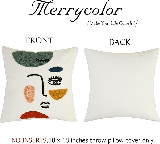 Merrycolor Soft Aesthetic Decorative Throw Pillow Covers 18x18 Modern Abstract Face Art Pillow Covers Colorful Embroidery Square Cushion Case Boho Cute Pillows for Bedroom Couch Sofa Living Room,1PC