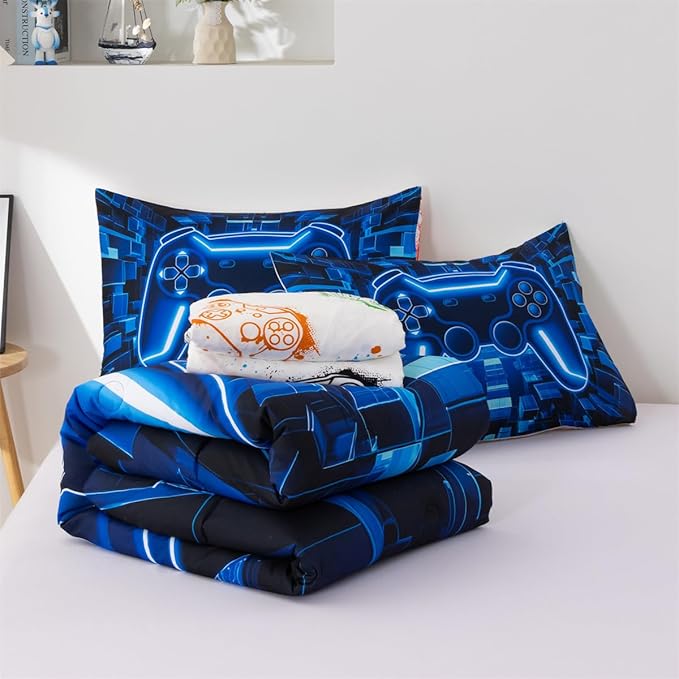NTBED 5pcs Game Console Comforter Set for Boys Girls Kids 3D Gaming Block Bed in a Bag Lightweight Microfiber Gamer Bedding Sets (Blue, Twin)