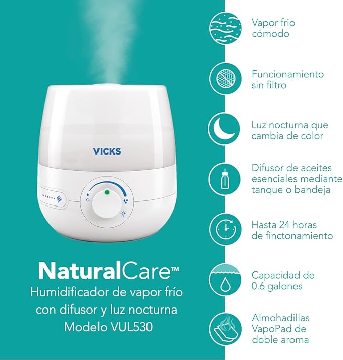 Vicks NaturalCare Cool Mist Ultrasonic Humidifier (VUL530), White, Small Room – Humidifier and Diffuser with Nighttime Light, Works with Vicks VapoPads