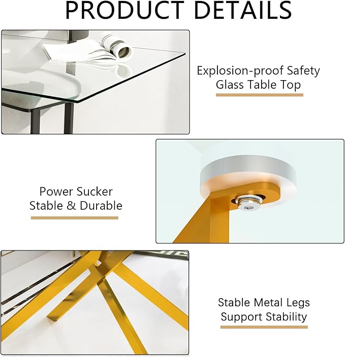 51.18" Glass Dining Table for 4-6, Dining Room Table with Clear Tempered Glass and Gold Metal Legs, Modern Rectangular Kitchen and Dining Room Dinner Table for Kitchen