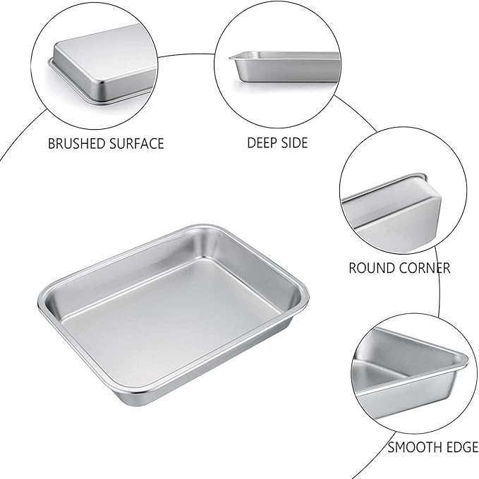 TeamFar Lasagna Pan, 10.5 x 8 x 1.7 inch Stainless Steel Rectangle Cake Pan Brownie Pan Set for Roasting Baking, Non Toxic & Healthy, Oven & Dishwasher Safe, Brushed Surface & Wider Edge - Set of 2