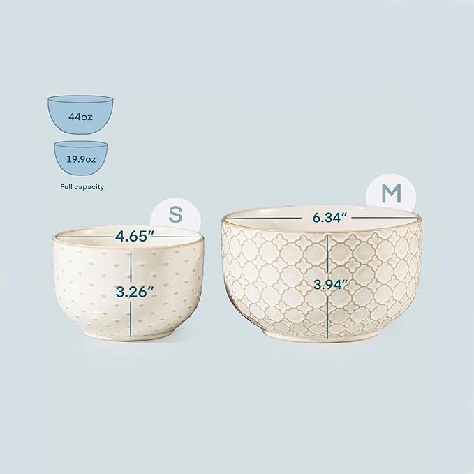 Mikiegy Ceramic Mixing Bowls Set of 4, Nesting Ceramic Embossment Stoneware Mixing Bowls for Cooking, Serving, Popcorn, Salad etc, Microwave & Dishwasher Safe, 20/44/98/145 oz, Off-White
