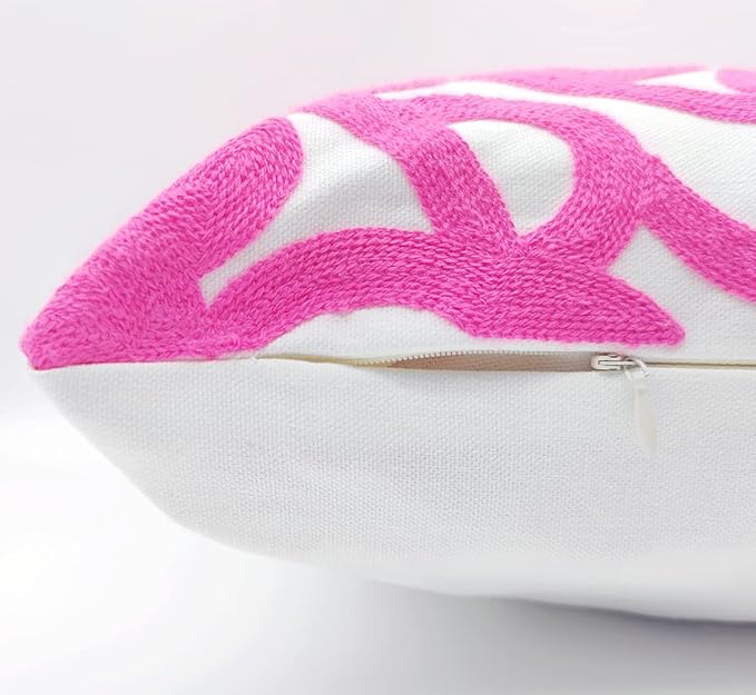 Alysheer Embroidered Decorative Throw Pillow Covers 18"x18" Set of 2 Pieces, Cozy Chic Boho Mandala Knit Pattern, Durable 100% Cotton Canvas Cushion Cases for Sofa Couch Living Room(Vivid Hot Pink)