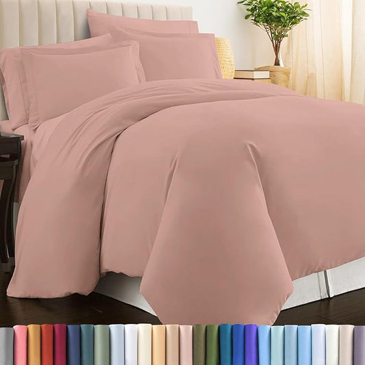 Pizuna Pure 100% Cotton Queen Duvet Cover Set, Luxurious 400 Thread Count Long Staple Cotton Sateen Weave with Button Closure (Combed Misty Rose Cotton Duvet Cover Queen)
