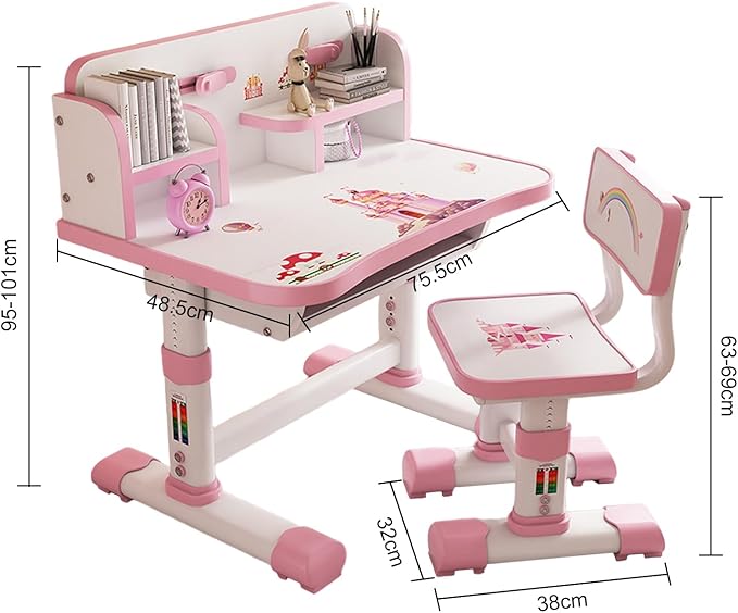 Kids Functional Desk and Chair Set, Height Adjustable Children School Study Table Chair Set with Cartoon Pattern, Ergonomic Desk Chair with Large Writing Board, Bookshelf and Book Bucket Pink