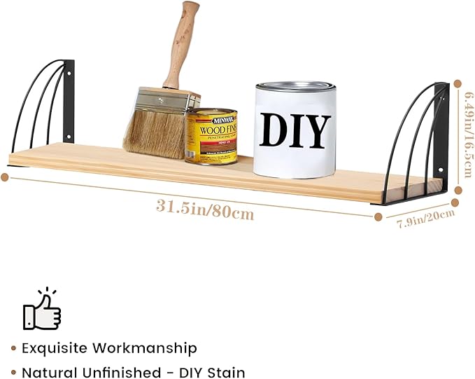 Floating Book Shelves for Wall,7.87" D x 31.5"" W Book Shelf for Wall Set of 2,Wood Shelves for Wall,Long Rustic Unfinished Floating Shelves for Wall,Office,Bedroom - No Stain - Natural Unfinished