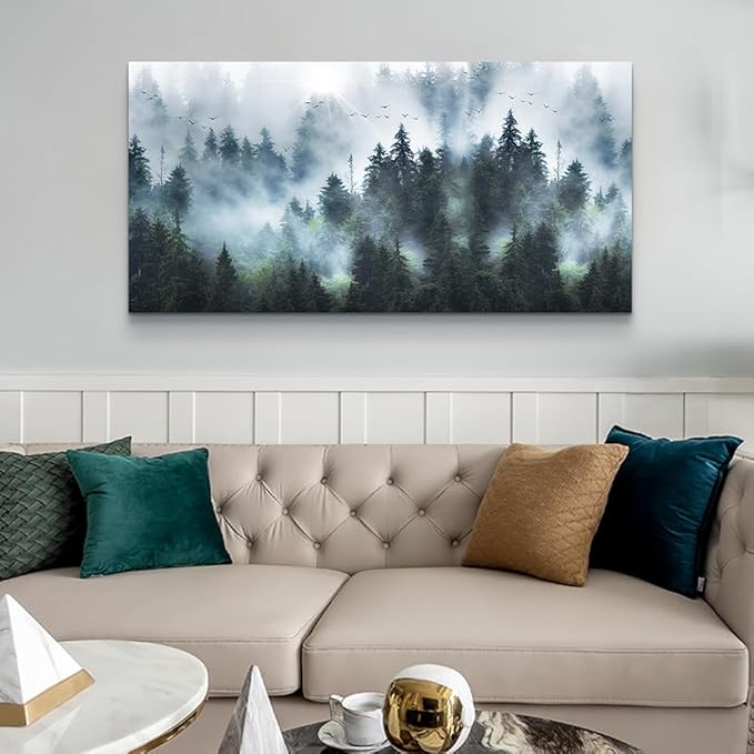 DZRWUBHS Canvas Wall Art For Living Room Large Size Wall Decor For Office Modern Wall Decorations For Bedroom Foggy Forest Trees Landscape Painting Wall Pictures Artwork Home Decoration 20"X40"