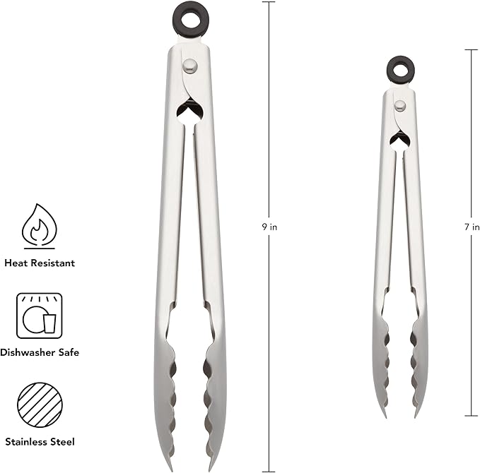 KitchenAid Set of 2 Stainless Steel Tongs with Scalloped Edges Easy Lock Dishwasher Safe Durable and Versatile 7 Inch and 9 Inch Silver
