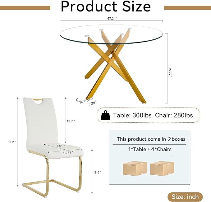 Goujxcy Round Dining Table Set for 4, Modern Glass Kitchen Table and Chairs Set of 4, 5 Piece Dining Room Table Set with 47" Circle Gold Metal Glass Dinner Table and 4 White Leather Dining Chairs