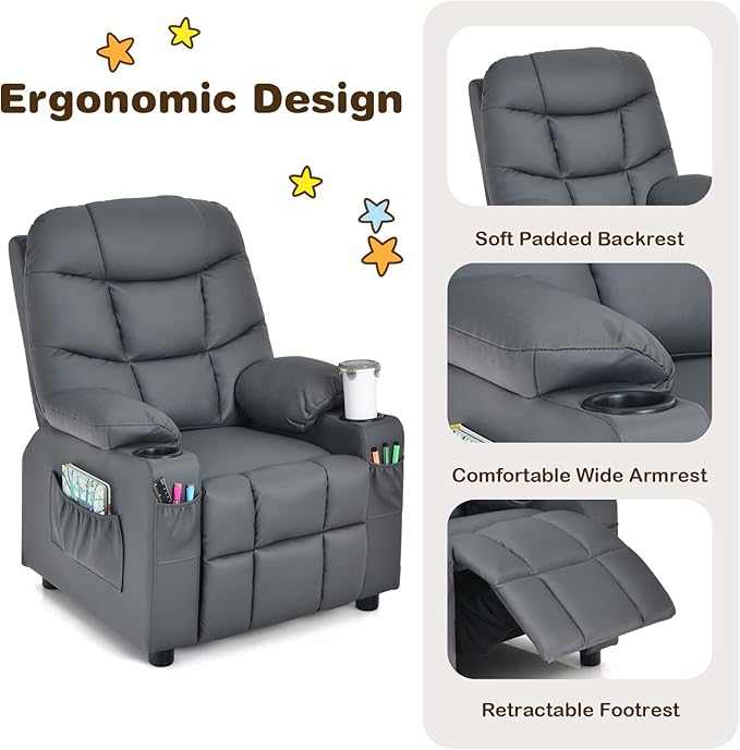 GLACER Kids Recliner Chair w/Cup Holder & Side Pockets, Children Recliner w/Comfortable Backrest, Armrests & Footrest, Toddler PU Leather Recliner for Boys Girls, 3+ Age Group (Grey)