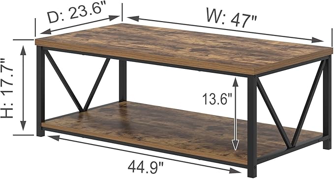 EXCEFUR Modern Coffee Table, Rustic Wood and Metal Living Room Table with Storage Shelf, Industrial Rectangle Center Table, 47 Inch Brown