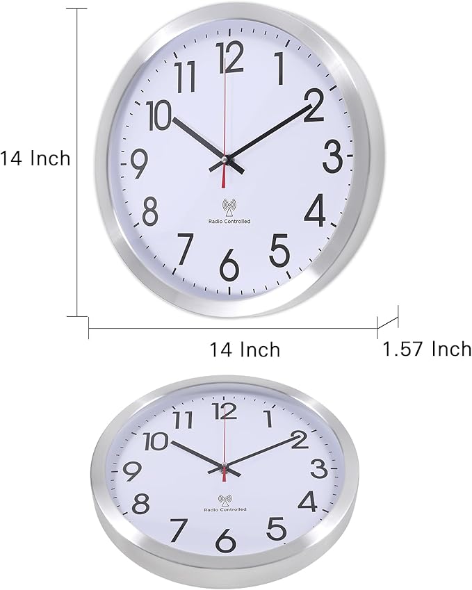 Atomic Analog Wall Clock, 14Inch Radio Controlled Sets Automatically WallClock, Aluminum Frame Wall Clock for Home School Office