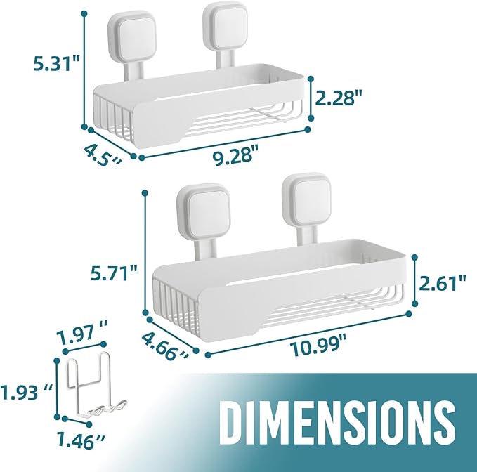 TAILI Shower Caddy Suction Cup 2 Pack,Stainless Steel Rustproof Shower Shelves,No Drilling Wall Mounted Basket,Large Capacity,Removable Suction Cup Bathroom Organizers & Home Decor, White