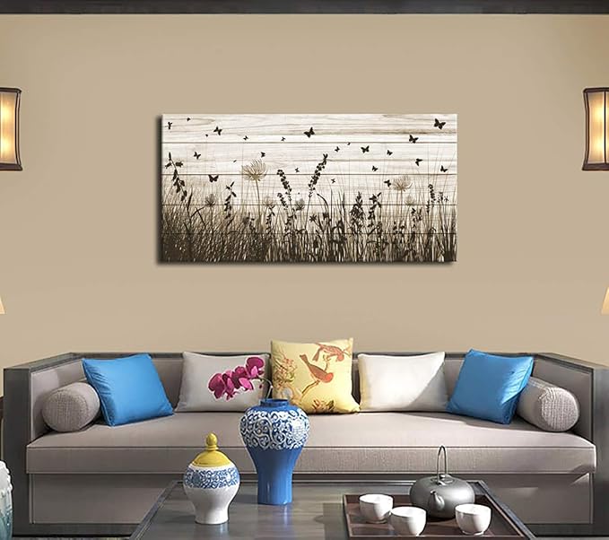 Wildflower Wall Art Autumn Canvas Picture Butterfly Grass Dandelion Artwork Vintage Wooden Board Painting Prints for Bedroom Living Room Office Home Kitchen Wall Decor Framed Ready to Hang 24" x 48"