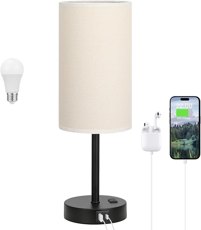 Tall Touch Bedside Table Lamp with USB - 3 Way Dimmable Black Lamps for Bedroom Nightstand, Desk Lamp with Black Charging Station for Dorm, Office, Kids Room