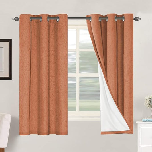 H.VERSAILTEX 100% Blackout Curtains for Bedroom Thermal Insulated Linen Textured Curtains Heat and Full Light Blocking Drapes Living Room Curtains 2 Panel Sets, Orange, 42x63 Inch