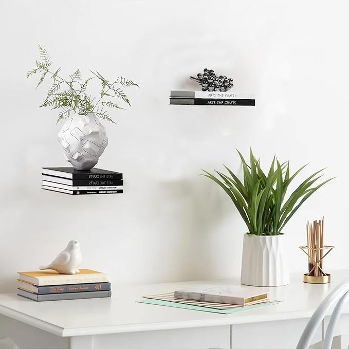 Invisible Floating Bookshelf - Modern White Wall Mount Metal Shelves for Room, Bedroom Bookcase, Small Bookshelf with Minimalist Design, Sleek Storage for Books & Decoratives（4PCS）
